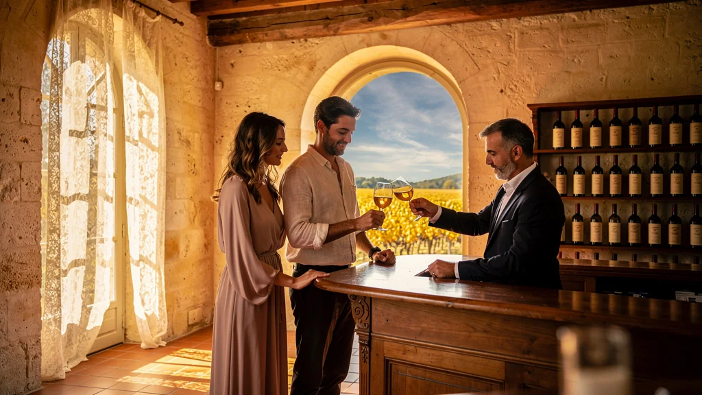 Accueil chaleureux dans un château de Sauternes transformant un compagnon réticent aux visites