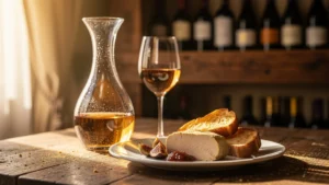 Décanter de Jurançon sec versé sur foie gras avec brioche dans un cadre élégant et chaleureux