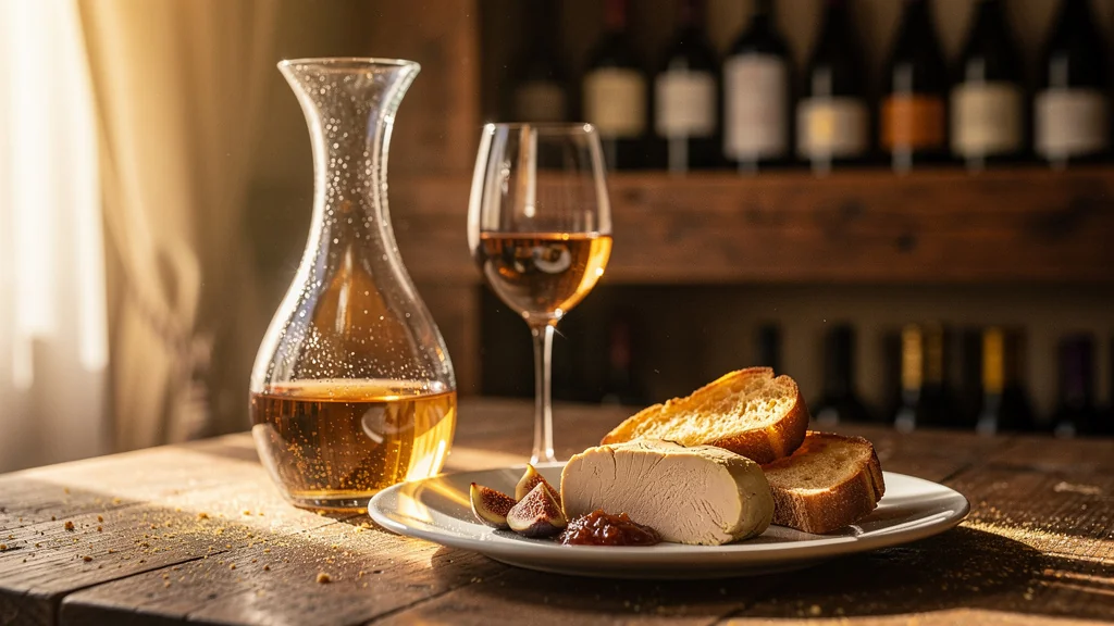 Décanter de Jurançon sec versé sur foie gras avec brioche dans un cadre élégant et chaleureux