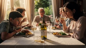 Repas familial du dimanche avec un Pessac-Léognan blanc tourné au vinaigre, ambiance tendue et chaleureuse