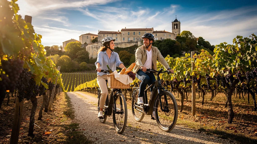 Couple en vélo électrique découvrant les vignobles de Saint-Émilion et Pomerol pour une journée d'œnotourisme