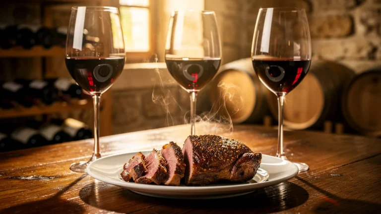 Dégustation de Saint-Estèphe en trois temps d'aération avec magret de canard, accord gastronomique raffiné