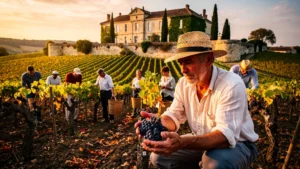 Vendanges en Saint-Estèphe avec vigneron inspectant les raisins en lumière dorée naturelle