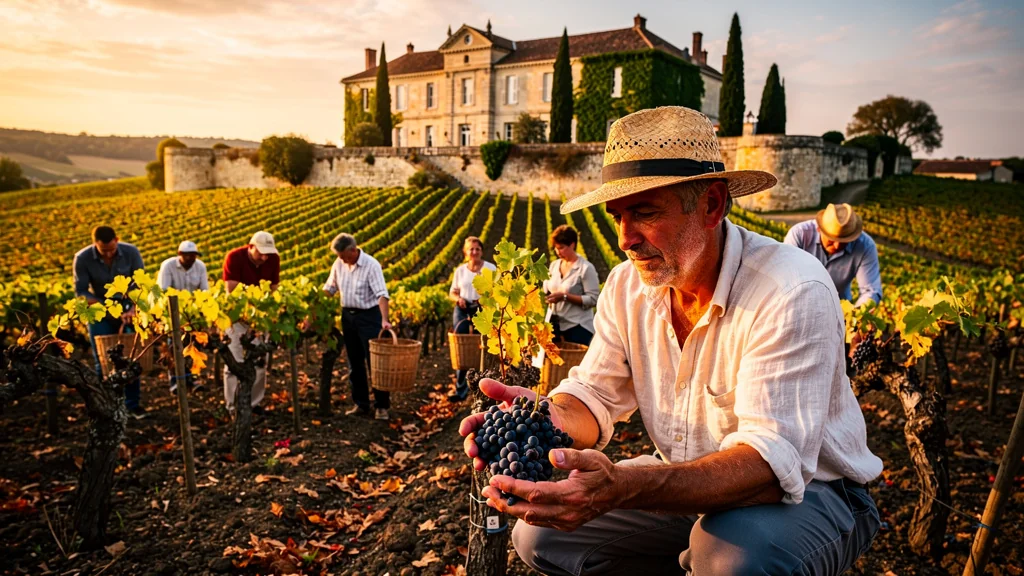 Vendanges en Saint-Estèphe avec vigneron inspectant les raisins en lumière dorée naturelle