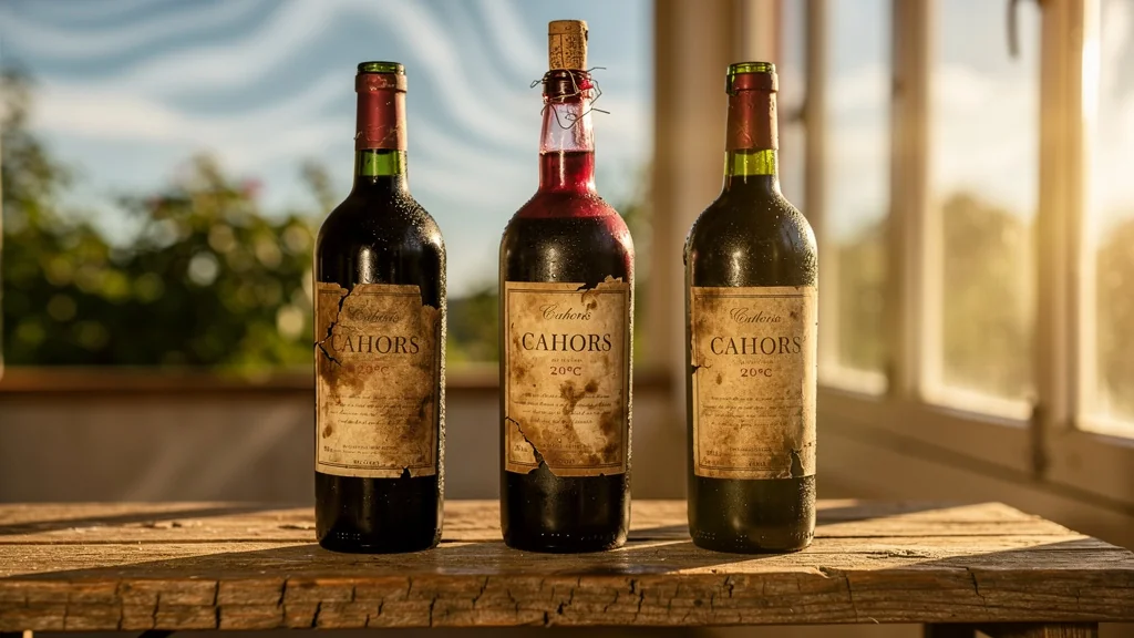 Trois bouteilles de Cahors vinaigrées stockées debout dans une véranda à 28°C en été