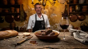 Accord raté à 55€ : verre de Graves rouge posé près d'une daube fumante dans une ambiance rustique