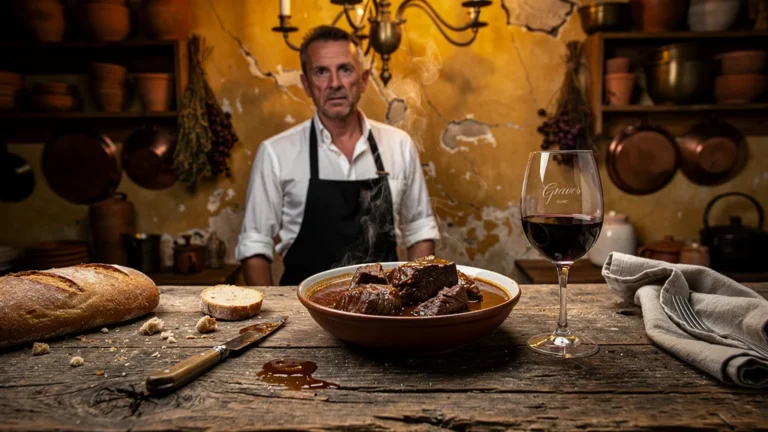 Accord raté à 55€ : verre de Graves rouge posé près d'une daube fumante dans une ambiance rustique