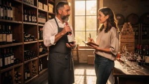 Caviste de Bergerac recommandant un Pécharmant à une cliente réécrivant ses notes émerveillée
