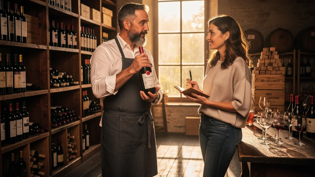 Caviste de Bergerac recommandant un Pécharmant à une cliente réécrivant ses notes émerveillée