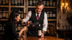 Sommelier de Libourne corrigeant le service d’un vieux Margaux 2009 dans une cave élégante