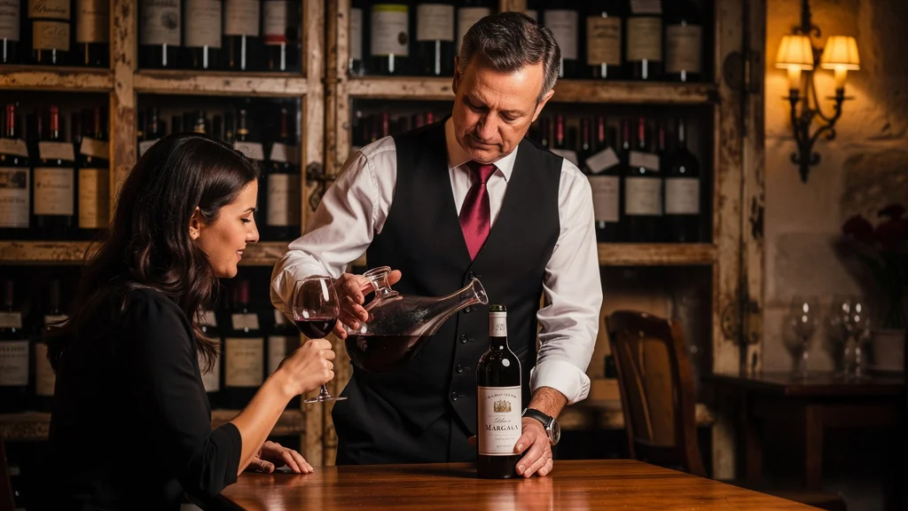 Sommelier de Libourne corrigeant le service d’un vieux Margaux 2009 dans une cave élégante