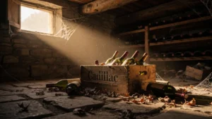 Caisse de Cadillac oubliée trois étés en cellier avec six bouteilles perdues sur sol en pierre
