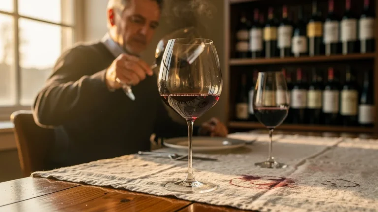 Verres Riedel Bordeaux et INAO avec un Pauillac servi à la maison, lumière chaude et ambiance élégante