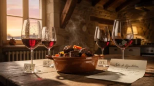 Buzet rouge servi à 14°, 16° et 18° sur daube de bœuf dans un décor rustique français