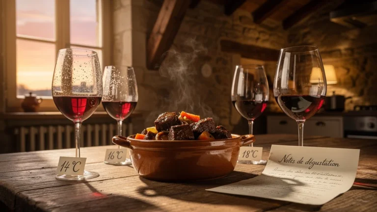 Buzet rouge servi à 14°, 16° et 18° sur daube de bœuf dans un décor rustique français