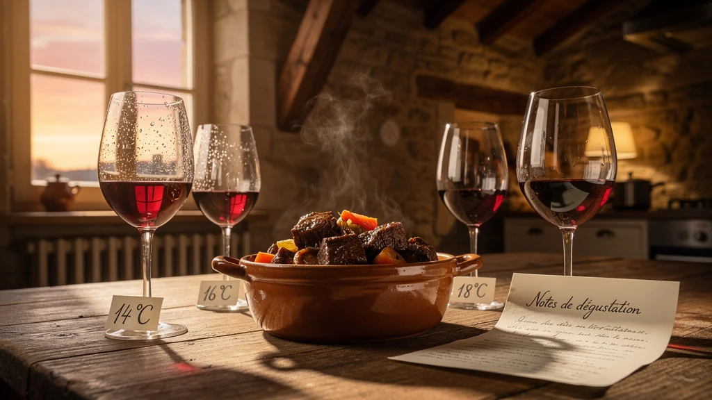 Buzet rouge servi à 14°, 16° et 18° sur daube de bœuf dans un décor rustique français