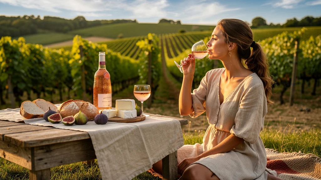 Pique-nique photoréaliste dans les vignes de Pessac dévoilant la quintessence du rosé de Bordeaux