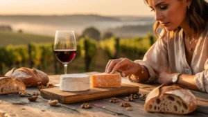 Plateau Sud-Ouest avec cabécou, ossau-iraty et verre de Pécharmant au coucher du soleil