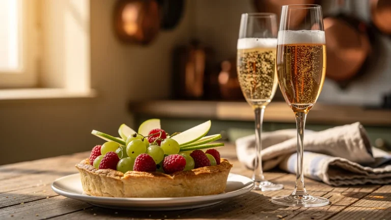 Comparaison photoréaliste Crémant de Bordeaux brut et demi-sec avec tarte aux fruits pas mûrs