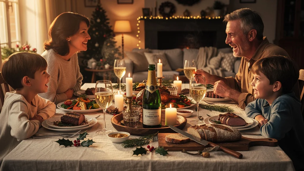 Repas de fête en famille avec Crémant de Bordeaux et vin blanc sec, ambiance chaleureuse et conviviale