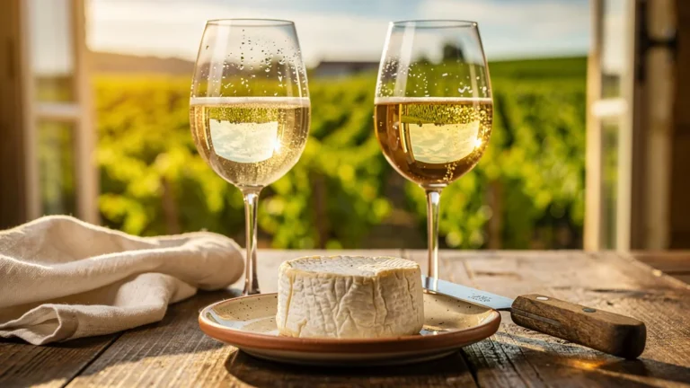 Deux Gaillac perlés dégustés à 8°C et 12°C avec un cabécou sur table en bois rustique