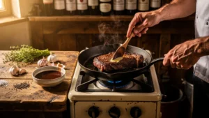 Préparation d'une entrecôte bordelaise avec sauce et bouteilles de cru Bordeaux en arrière-plan