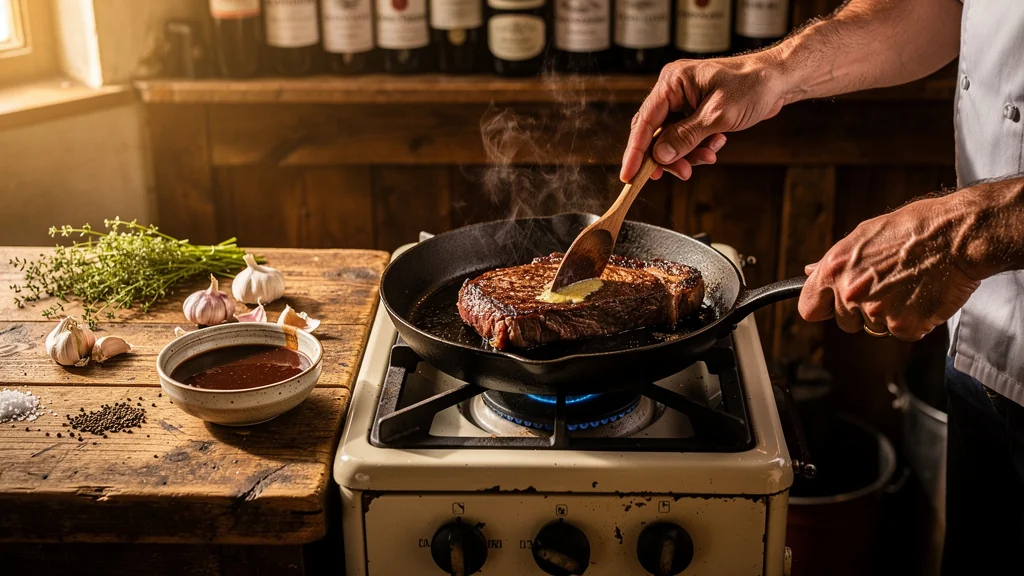 Préparation d'une entrecôte bordelaise avec sauce et bouteilles de cru Bordeaux en arrière-plan