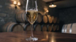 Crémant de Bordeaux mal frappé avec bulles qui s'échappent rapidement, perte d'effervescence visible