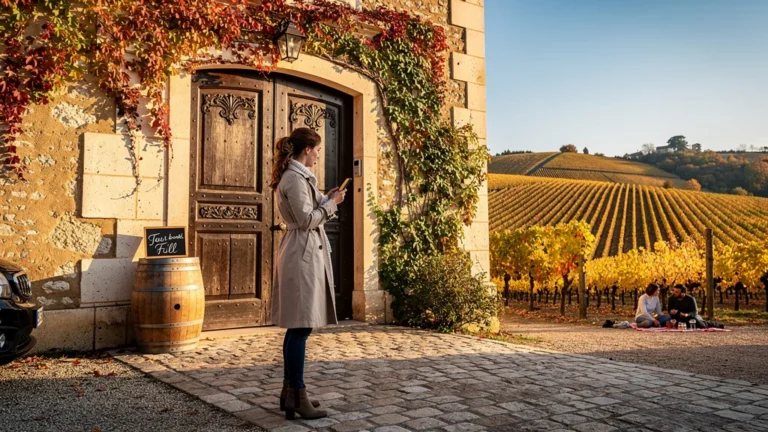 Jeune femme déçue devant un domaine viticole complet à Gaillac, visite de chai impossible ce jour-là