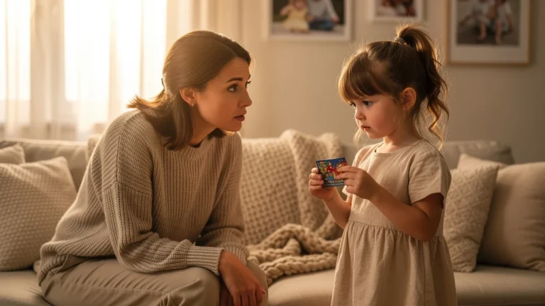 Mère et fille dans un salon chaleureux discutant d’étiquettes, moment tendre et réflexion personnelle
