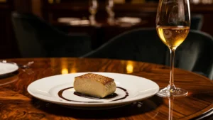 Photographie réaliste d’un foie gras poêlé avec un verre de Sauternes trop chaud, ambiance élégante et chaleureuse