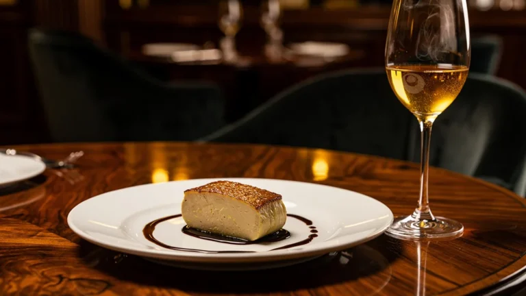 Photographie réaliste d’un foie gras poêlé avec un verre de Sauternes trop chaud, ambiance élégante et chaleureuse