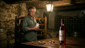 Homme dans une cave à vin rustique comprenant que le second vin se garde moins longtemps qu’un grand vin