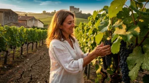 Femme découvrant les raisins Négrette dans un vignoble de Fronton au soleil couchant