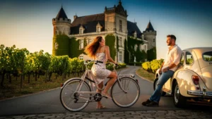 Couple en escapade romantique à vélo et voiture près d'un château dans le Bordelais au soleil couchant