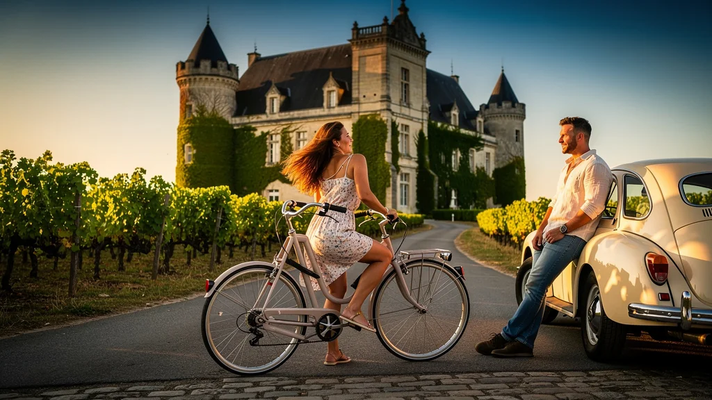 Couple en escapade romantique à vélo et voiture près d'un château dans le Bordelais au soleil couchant