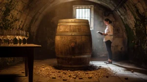 Barrique en chêne dans une cave traditionnelle à Pauillac illustrant l’élevage du vin