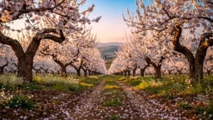 Photo hyperréaliste d’un amandier en fleur à Mougins au coucher du soleil, ambiance paisible provençale