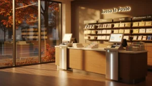 Intérieur moderne et chaleureux d'une poste française évoquant confiance et efficacité avec lumière dorée