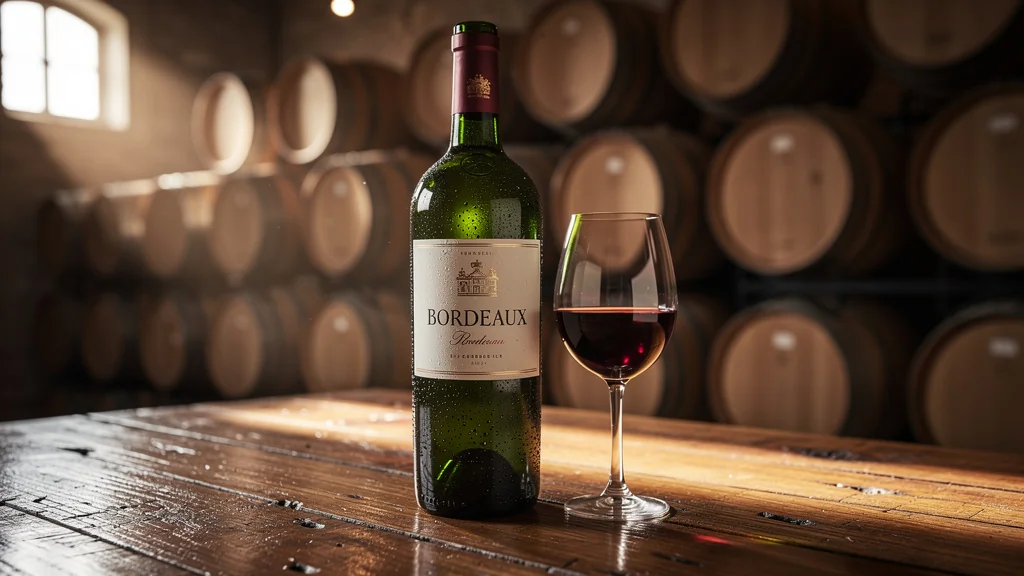 Bouteille de vin de Bordeaux après 12 mois d’élevage avec verre et tonneaux en arrière-plan