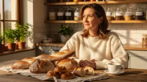 Portrait ultra-réaliste d’une rédactrice gastronomique découvrant les pains artisanaux de bread & company