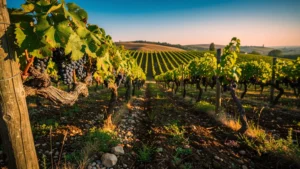 Vignoble de Cabernet Sauvignon Franc luxuriant après 12 mois de croissance, lumière dorée naturelle