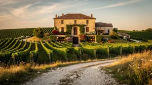 Vue hyperréaliste du château et vignoble de Castel Beau Site au coucher du soleil, paysage prestigieux et paisible