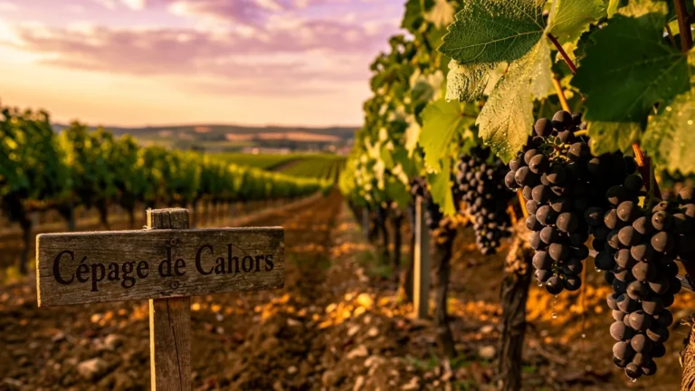 Vignoble de cépage de Cahors au coucher de soleil, raisins noirs et feuillage verdoyant en ultra-réalisme