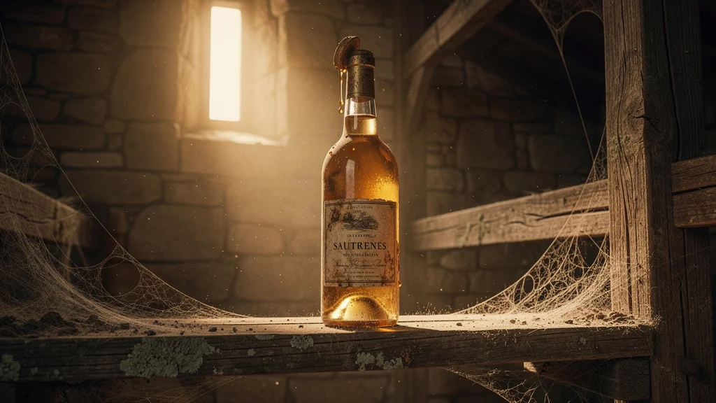 Bouteille de Sauternes ancienne avec bouchon lâché après des années debout en cave à vin rustique