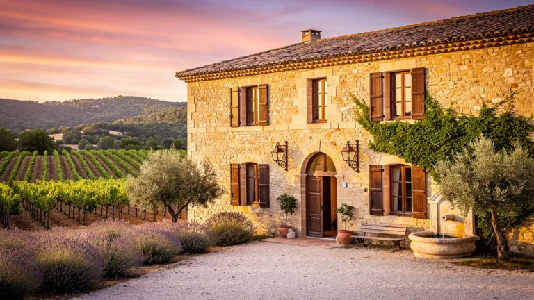 La bastide de pierre traditionnelle en pierre au coucher du soleil en milieu rural, ambiance chaleureuse et authentique