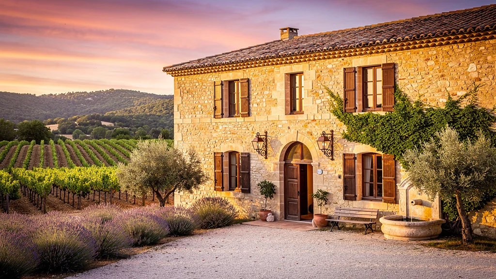 La bastide de pierre traditionnelle en pierre au coucher du soleil en milieu rural, ambiance chaleureuse et authentique