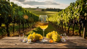Vignoble ensoleillé avec verre de Jurançon moelleux doré et raisins mûrs prêts à la récolte