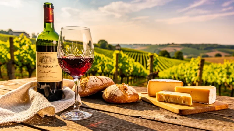 Le Pécharmant rouge du Périgord oublié à table, verre et bouteille sur table rustique en plein air
