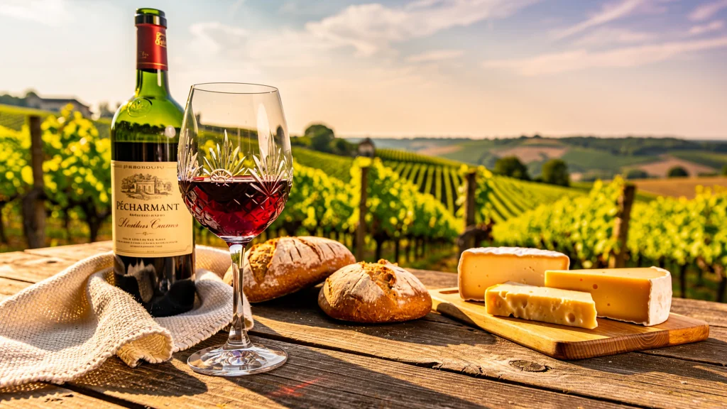 Le Pécharmant rouge du Périgord oublié à table, verre et bouteille sur table rustique en plein air